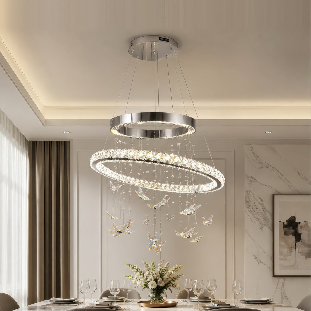 Lustra LED suspendata cu telecomanda si cristal 50W, 2 Cercuri, lumina Rece/Calda/Neutra, Dimabila, Crom Lucios, Inaltime Reglabila