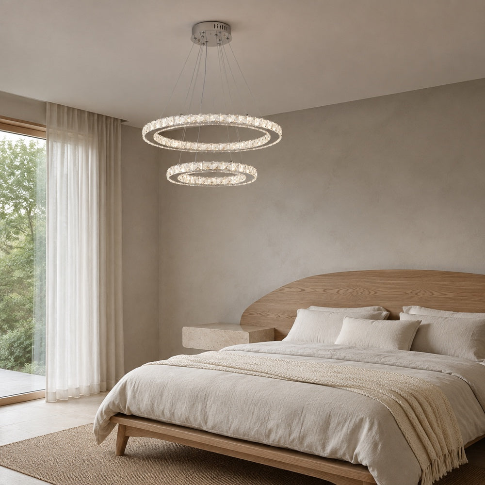 LED luster s diaľkovým ovládačom a krištáľmi PRISM LUMINIS 58 W, 2 kruhy, studené/cieple/neuterálne svetlo, stmívateľný, chrom a biela, nastaviteľná výška, imaginea 12