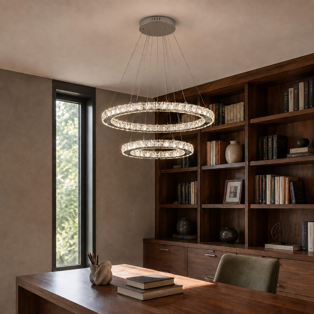 LED luster s diaľkovým ovládačom a krištáľmi PRISM LUMINIS 58 W, 2 kruhy, studené/cieple/neuterálne svetlo, stmívateľný, chrom a biela, nastaviteľná výška, imaginea 14