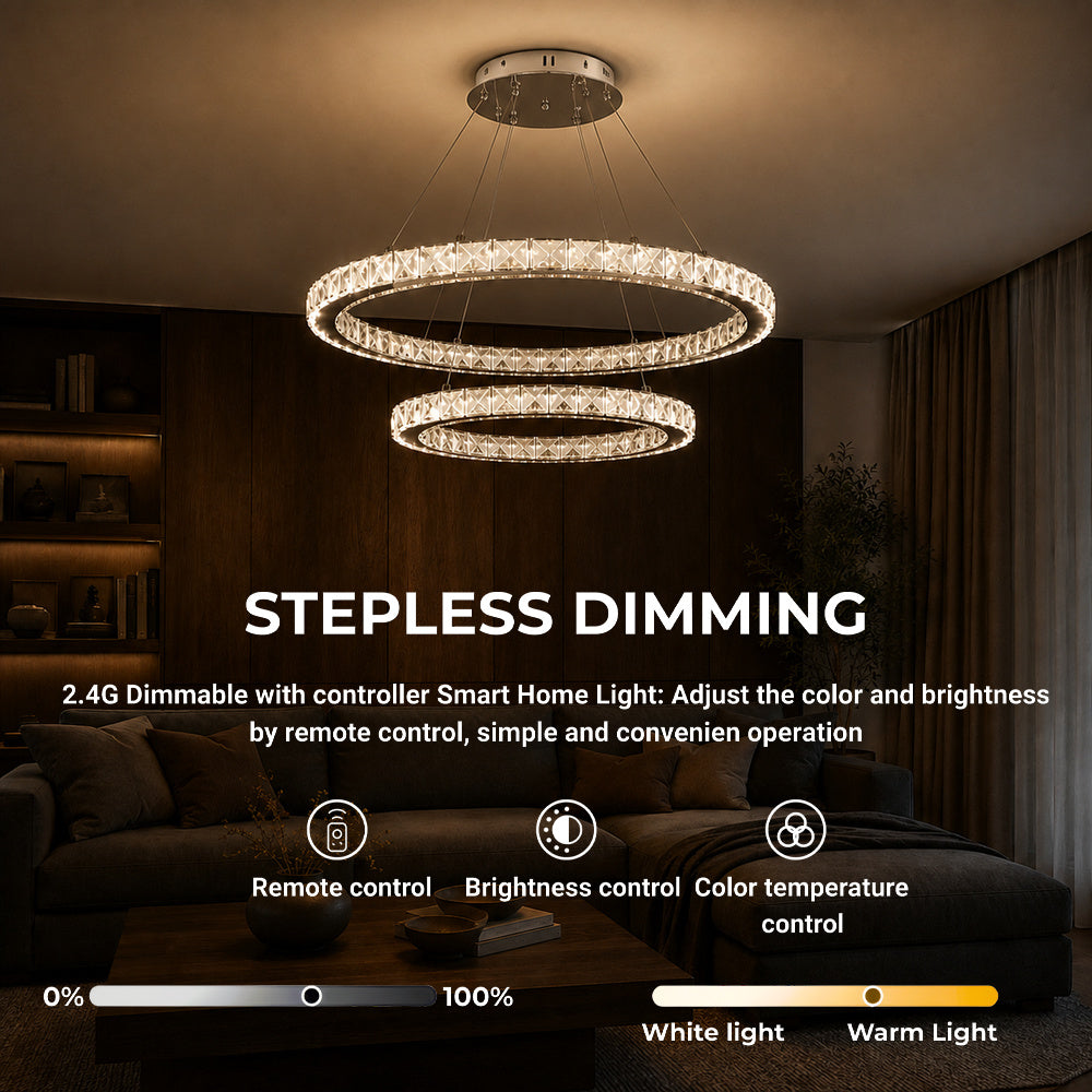 LED luster s diaľkovým ovládačom a krištáľmi PRISM LUMINIS 58 W, 2 kruhy, studené/cieple/neuterálne svetlo, stmívateľný, chrom a biela, nastaviteľná výška, imaginea 4