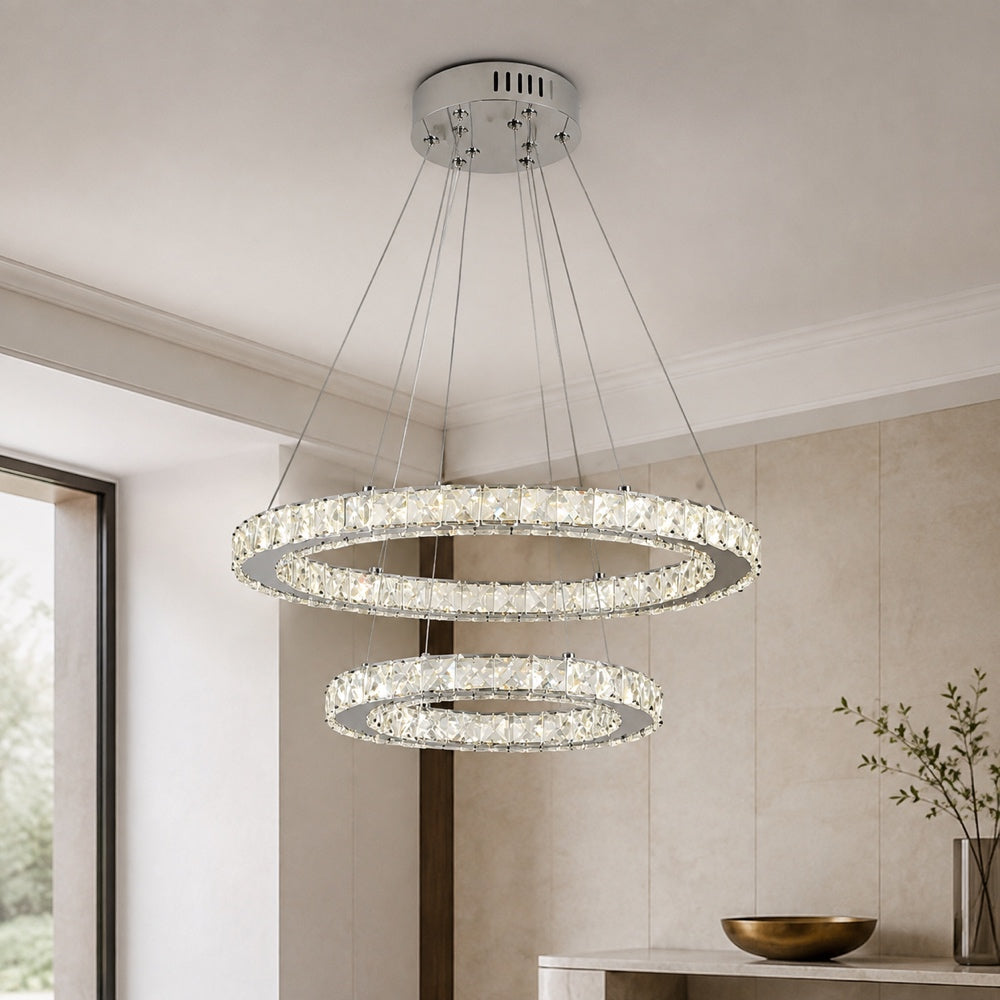 LED luster s diaľkovým ovládačom a krištáľmi PRISM LUMINIS 58 W, 2 kruhy, studené/cieple/neuterálne svetlo, stmívateľný, chrom a biela, nastaviteľná výška, imaginea 8