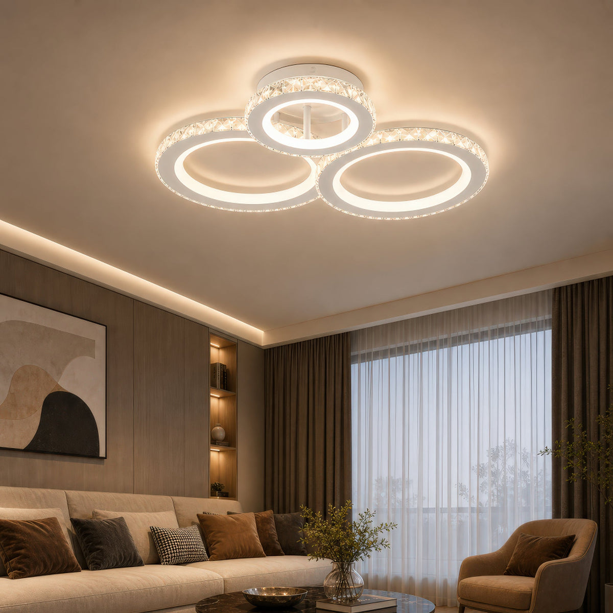 Lustra LED cu telecomanda si cristal NOVA ROTONDA RGB 75W, 3 Cercuri, lumina Rece/Calda/Neutra, Dimabila, Alb, imaginea 1