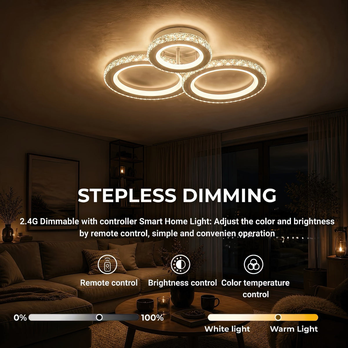 Lustra LED cu telecomanda si cristal NOVA ROTONDA RGB 75W, 3 Cercuri, lumina Rece/Calda/Neutra, Dimabila, Alb, imaginea 4