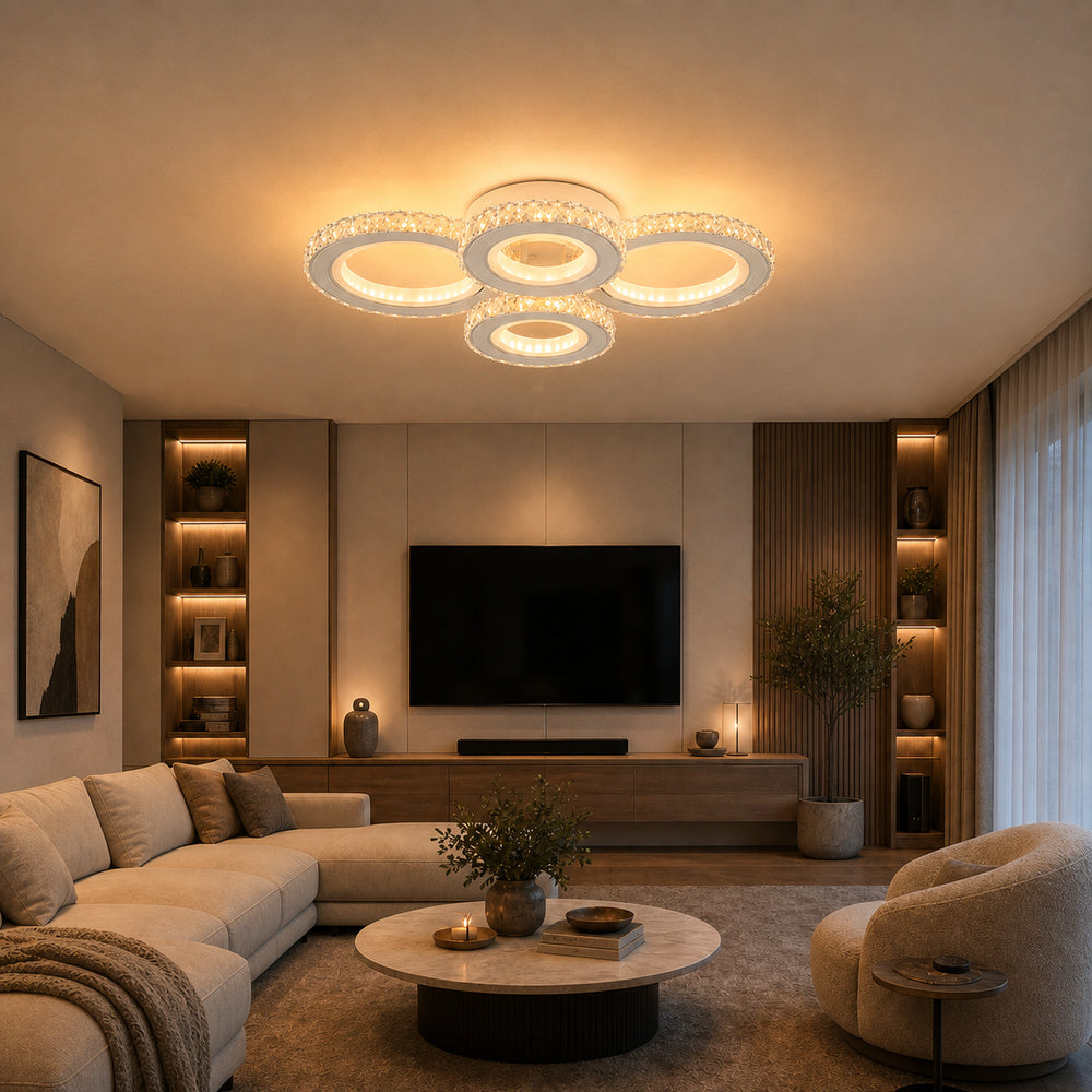 LED stropné svetidlo s diaľkovým ovládačom a krištáľom NOVA ROTONDA RGB 82 W, 4 kruhy, studené/teplé/neuterálne svetlo, stmívateľné, biele, imaginea 1