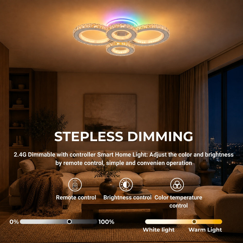 LED stropné svetidlo s diaľkovým ovládačom a krištáľom NOVA ROTONDA RGB 82 W, 4 kruhy, studené/teplé/neuterálne svetlo, stmívateľné, biele, imaginea 4