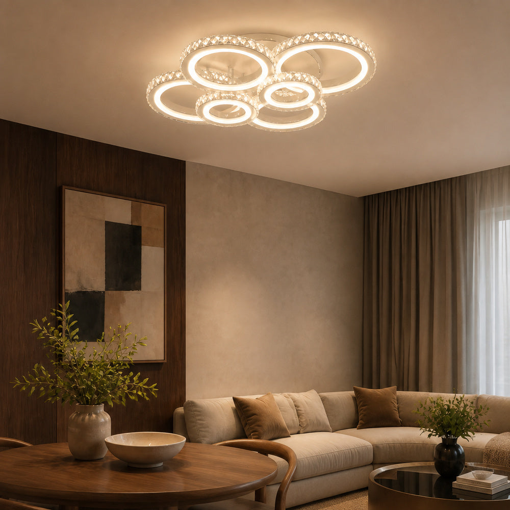 Lustra LED cu telecomanda si cristal NOVA ROTONDA RGB 145W, 6 Cercuri, lumina Rece/Calda/Neutra, Dimabila, Alb