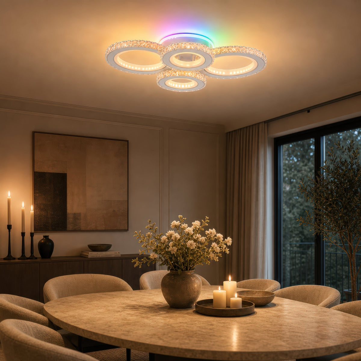 LED luster s diaľkovým ovládačom a krištáľmi NOVA ROTONDA RGB 82 W, 4 kruhy, studené/teplé/neutrálne svetlo, dimovateľný, chromový, imaginea 11