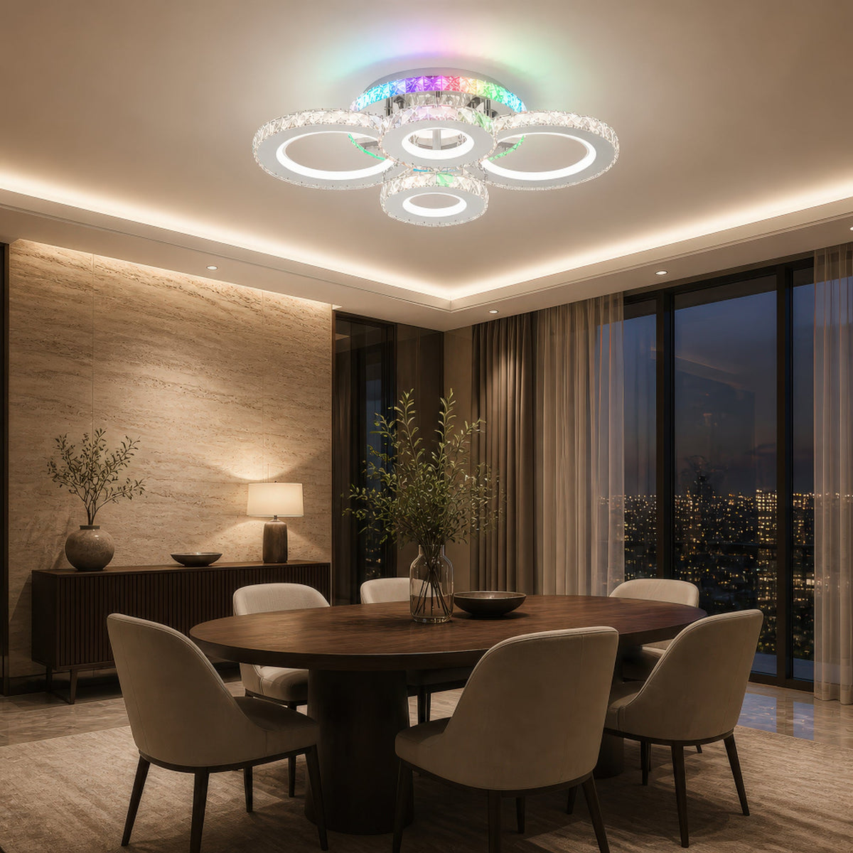 LED luster s diaľkovým ovládačom a krištáľmi NOVA ROTONDA RGB 82 W, 4 kruhy, studené/teplé/neutrálne svetlo, dimovateľný, chromový, imaginea 13