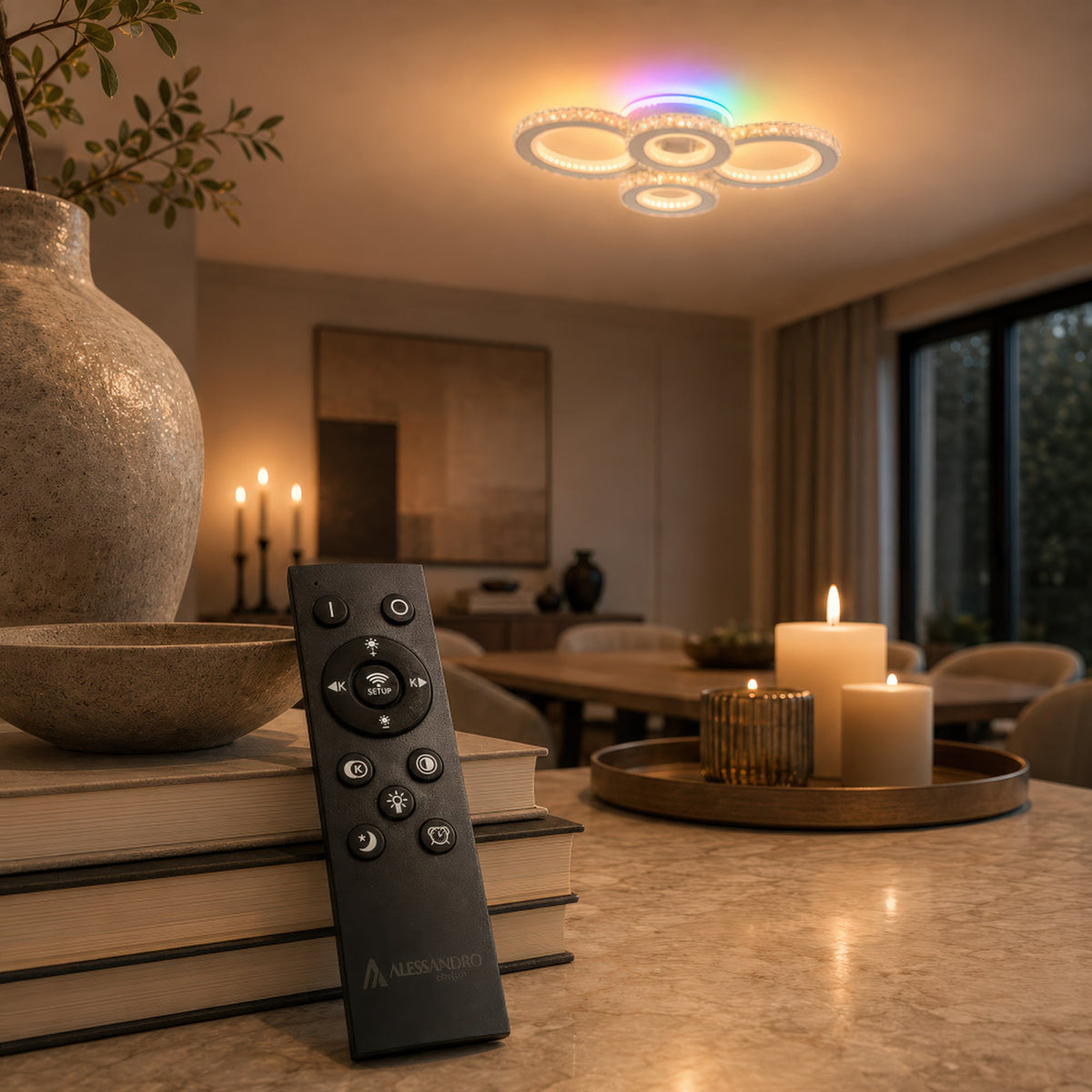 LED luster s diaľkovým ovládačom a krištáľmi NOVA ROTONDA RGB 82 W, 4 kruhy, studené/teplé/neutrálne svetlo, dimovateľný, chromový, imaginea 3