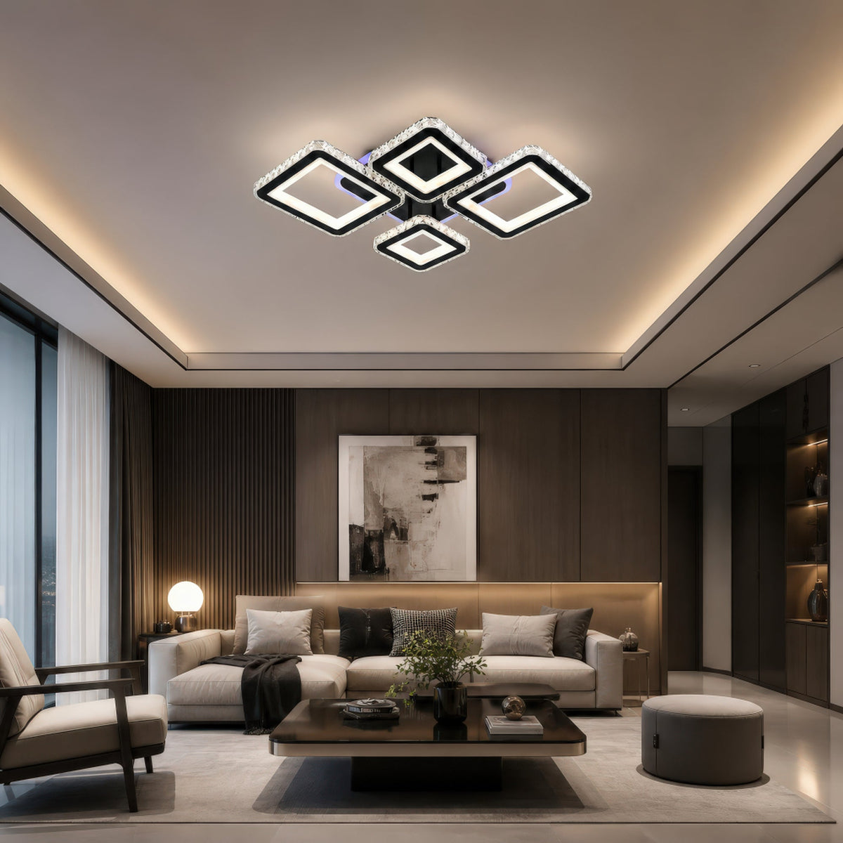 LED luster s diaľkovým ovládačom a krištáľom QUADRIS RGB 96 W, 4 štvorce, studené/teplé/neutrálne svetlo, stm dimovateľný, čierny, imaginea 10
