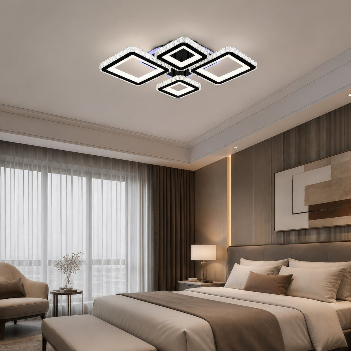 LED luster s diaľkovým ovládačom a krištáľom QUADRIS RGB 96 W, 4 štvorce, studené/teplé/neutrálne svetlo, stm dimovateľný, čierny, imaginea 13