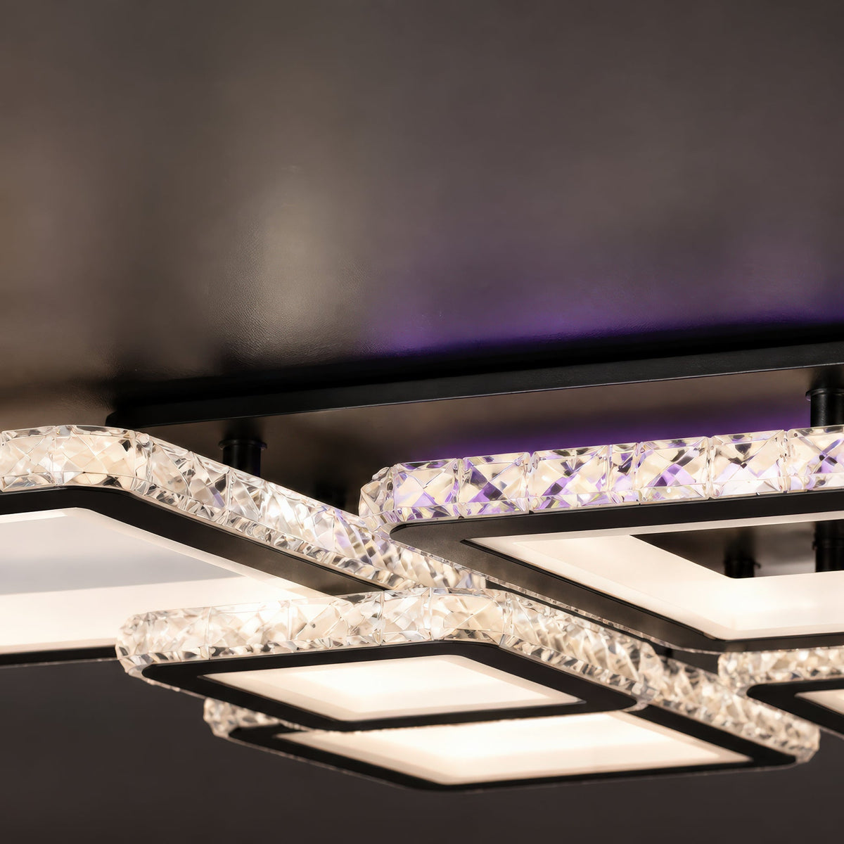 QUADRIS RGB 177W LED Chandelier with Remote Control and Crystal, 6 Squares, Cool/Warm/Neutral Light 3000K/4000K/6000K, Dimmable, Black, Metal and Crystal, imaginea 9