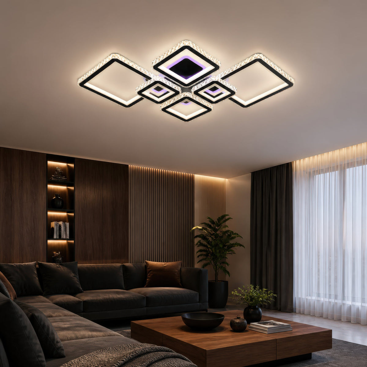 QUADRIS RGB 177W LED Chandelier with Remote Control and Crystal, 6 Squares, Cool/Warm/Neutral Light 3000K/4000K/6000K, Dimmable, Black, Metal and Crystal, imaginea 10