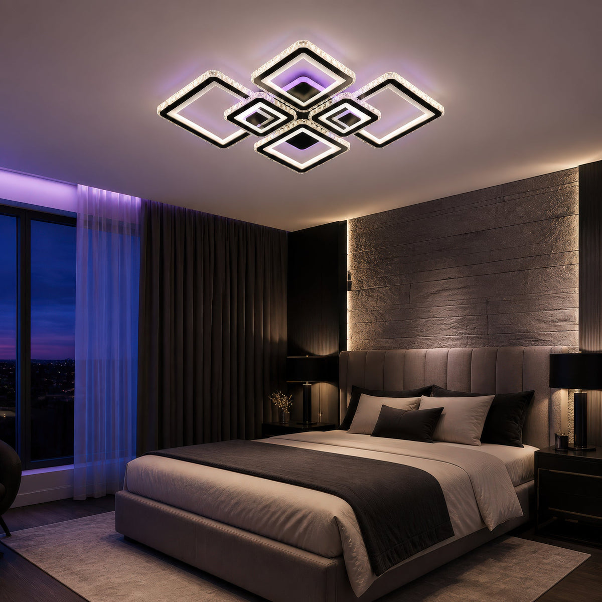 QUADRIS RGB 177W LED Chandelier with Remote Control and Crystal, 6 Squares, Cool/Warm/Neutral Light 3000K/4000K/6000K, Dimmable, Black, Metal and Crystal, imaginea 11