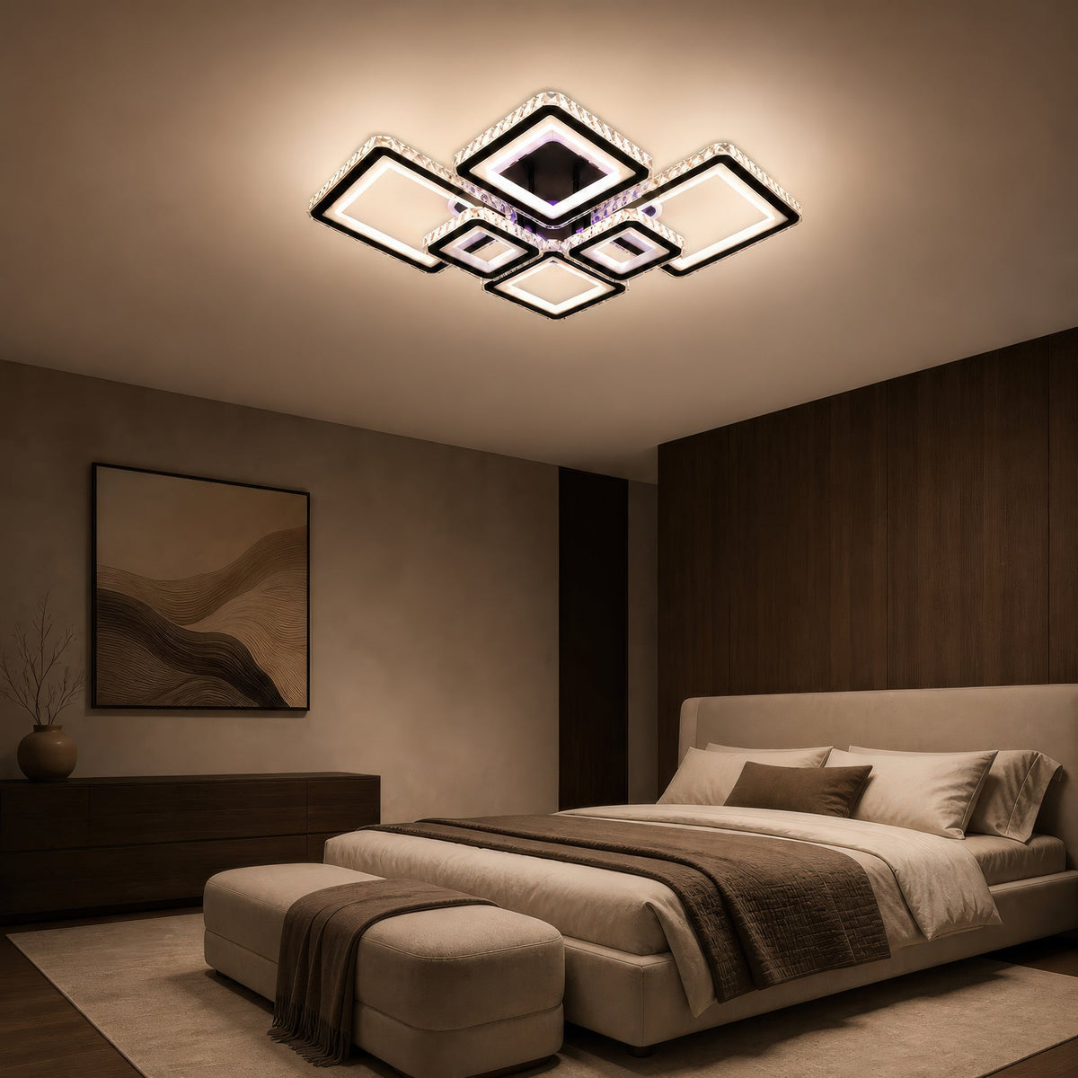 QUADRIS RGB 177W LED Chandelier with Remote Control and Crystal, 6 Squares, Cool/Warm/Neutral Light 3000K/4000K/6000K, Dimmable, Black, Metal and Crystal, imaginea 12
