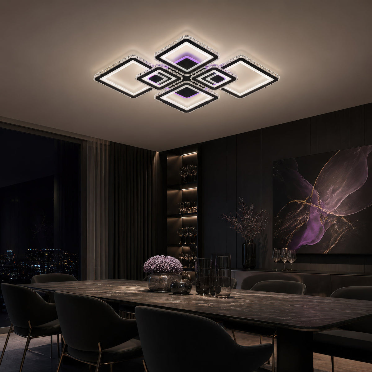 QUADRIS RGB 177W LED Chandelier with Remote Control and Crystal, 6 Squares, Cool/Warm/Neutral Light 3000K/4000K/6000K, Dimmable, Black, Metal and Crystal, imaginea 13