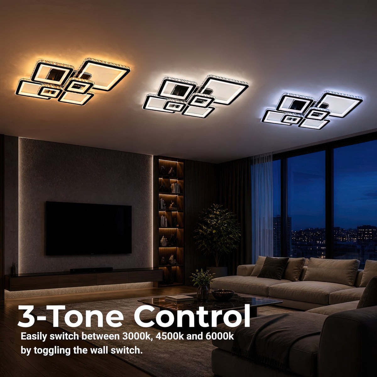 QUADRIS RGB 177W LED Chandelier with Remote Control and Crystal, 6 Squares, Cool/Warm/Neutral Light 3000K/4000K/6000K, Dimmable, Black, Metal and Crystal, imaginea 5