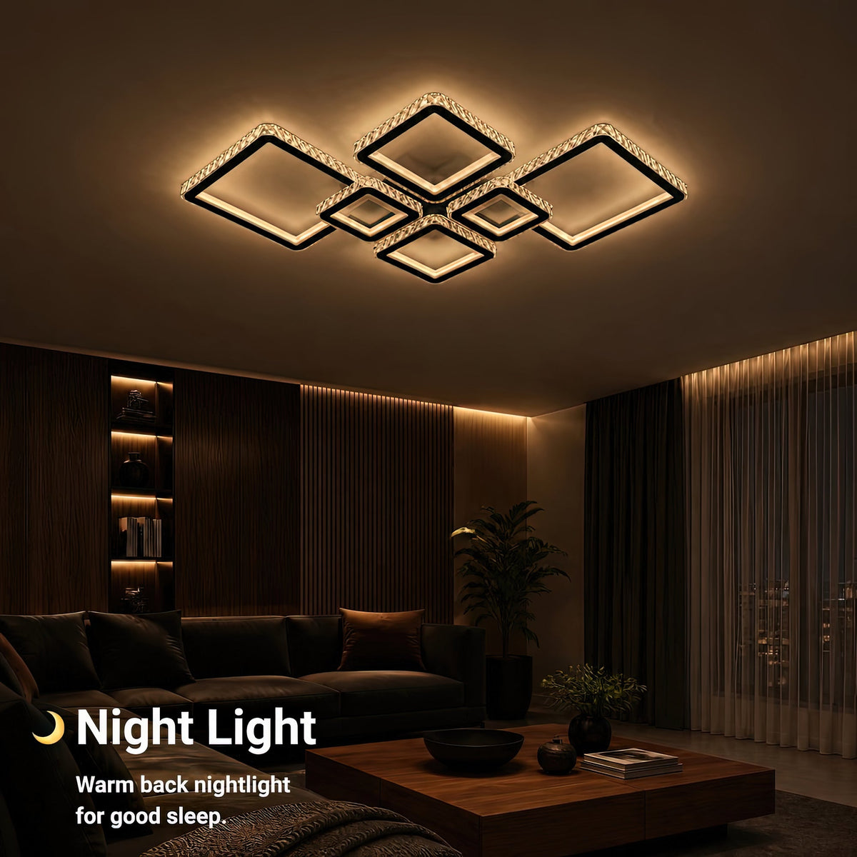 QUADRIS RGB 177W LED Chandelier with Remote Control and Crystal, 6 Squares, Cool/Warm/Neutral Light 3000K/4000K/6000K, Dimmable, Black, Metal and Crystal, imaginea 6