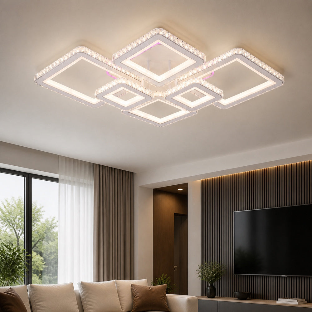 Lustra LED cu telecomanda si cristal QUADRIS RGB 175W, 6 Patrate, Lumina Rece/Calda/Neutra, Dimabila, Alb
