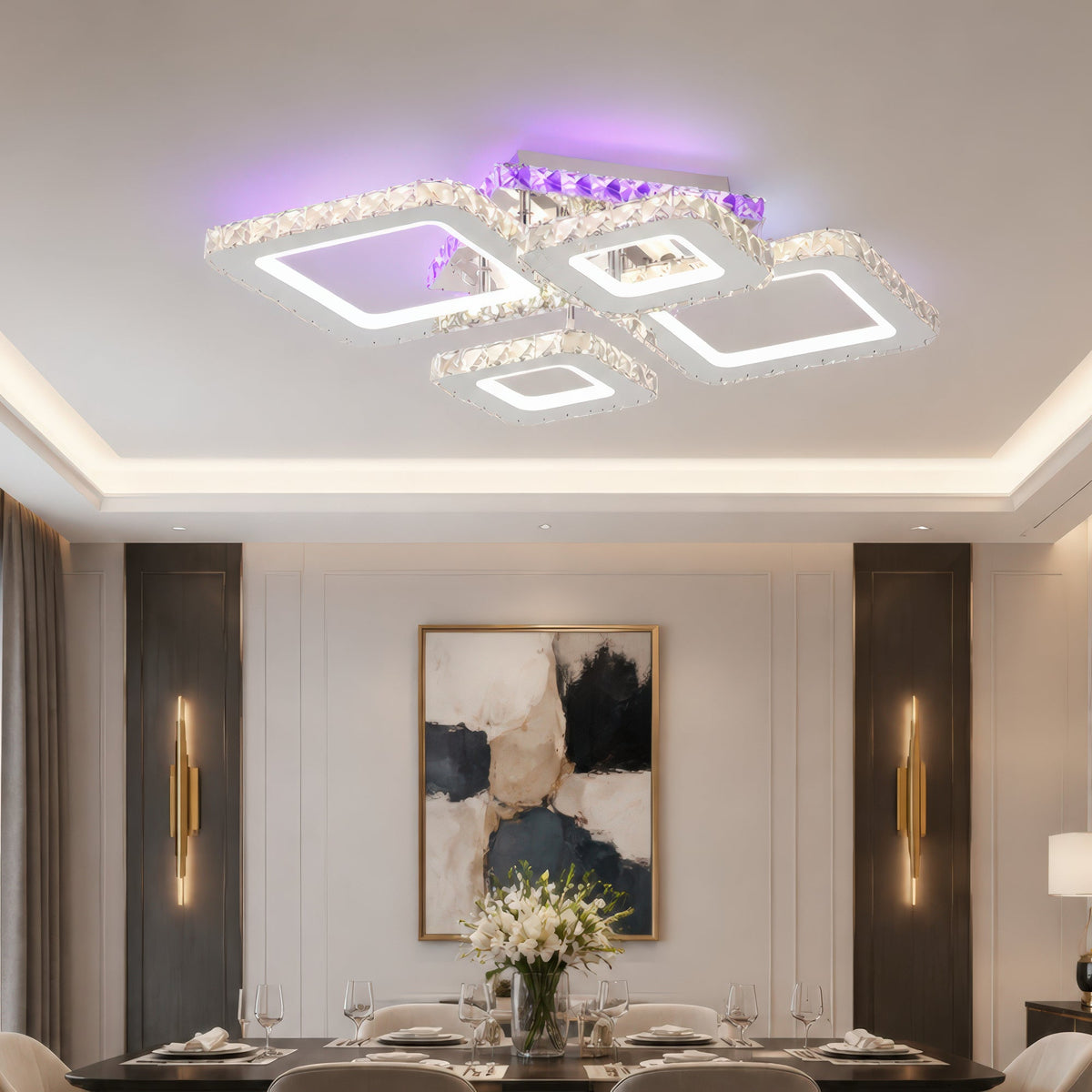 Lustra LED cu telecomanda si cristal NOVA RHOMBA RGB 95W, 4 Patrate, lumina Rece/Calda/Neutra, Dimabila, Crom Lucios