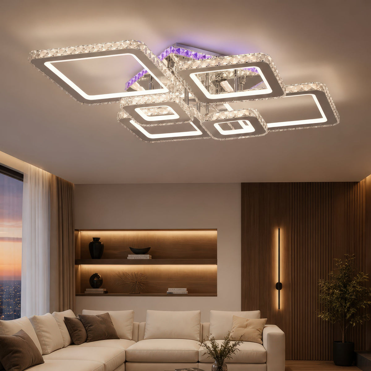 Lustra LED cu telecomanda si cristal NOVA RHOMBA RGB 168W, 6 Patrate, lumina Rece/Calda/Neutra, Dimabila, Crom Lucios