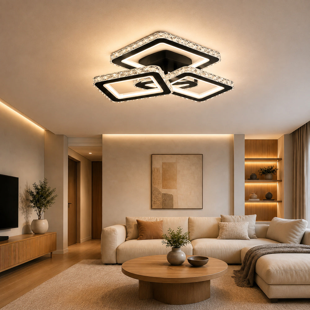 Lustra LED cu telecomanda si cristal LEILA 88W, 3 Patrate, lumina Rece/Calda/Neutra, Dimabila, Negru Crom Lucios