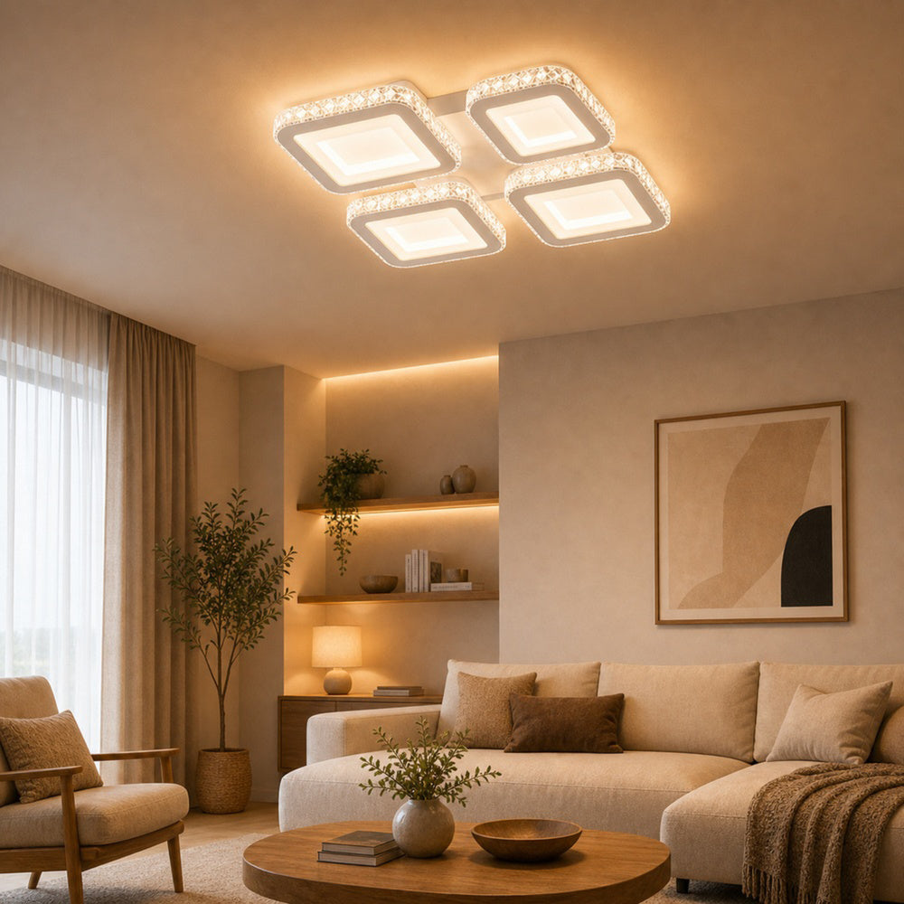 LED luster s diaľkovým ovládačom a krištáľom LEILA RGB 69 W, 4 štvorce, studené/teplé/neutrálne svetlo, stmívateľný, biela farba, imaginea 1