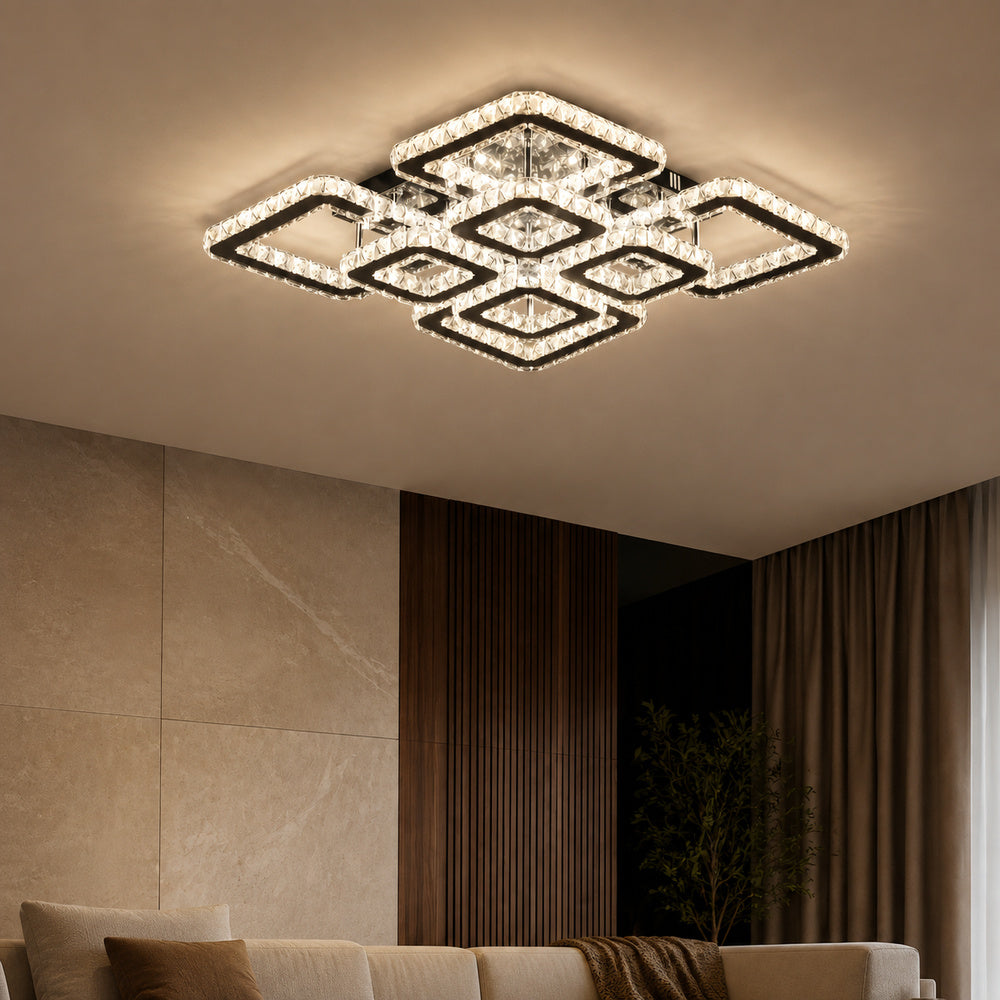 Lustra LED cu telecomanda si cristal QUADRIA SUPREMO RGB 168W, 8 Patrate, lumina Rece/Calda/Neutra, Dimabila, Crom Lucios