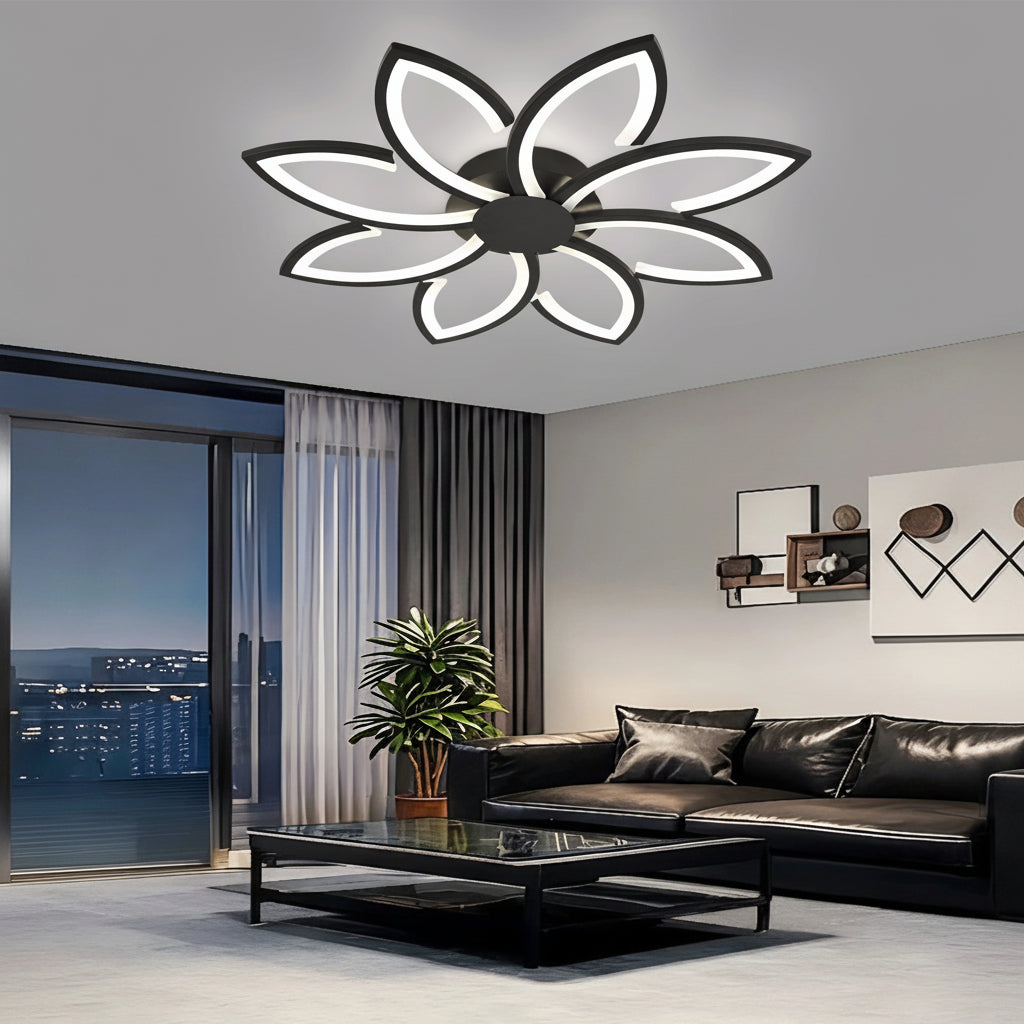 Lustra LED cu telecomanda si cristal FLORA 82W, 8 Petale, lumina Rece/Calda/Neutra, Dimabila, Negru