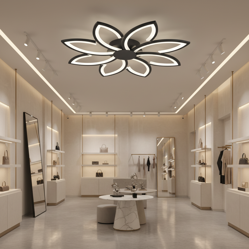 Lustra LED cu telecomanda si cristal FLORA 82W, 8 Petale, lumina Rece/Calda/Neutra, Dimabila, Negru