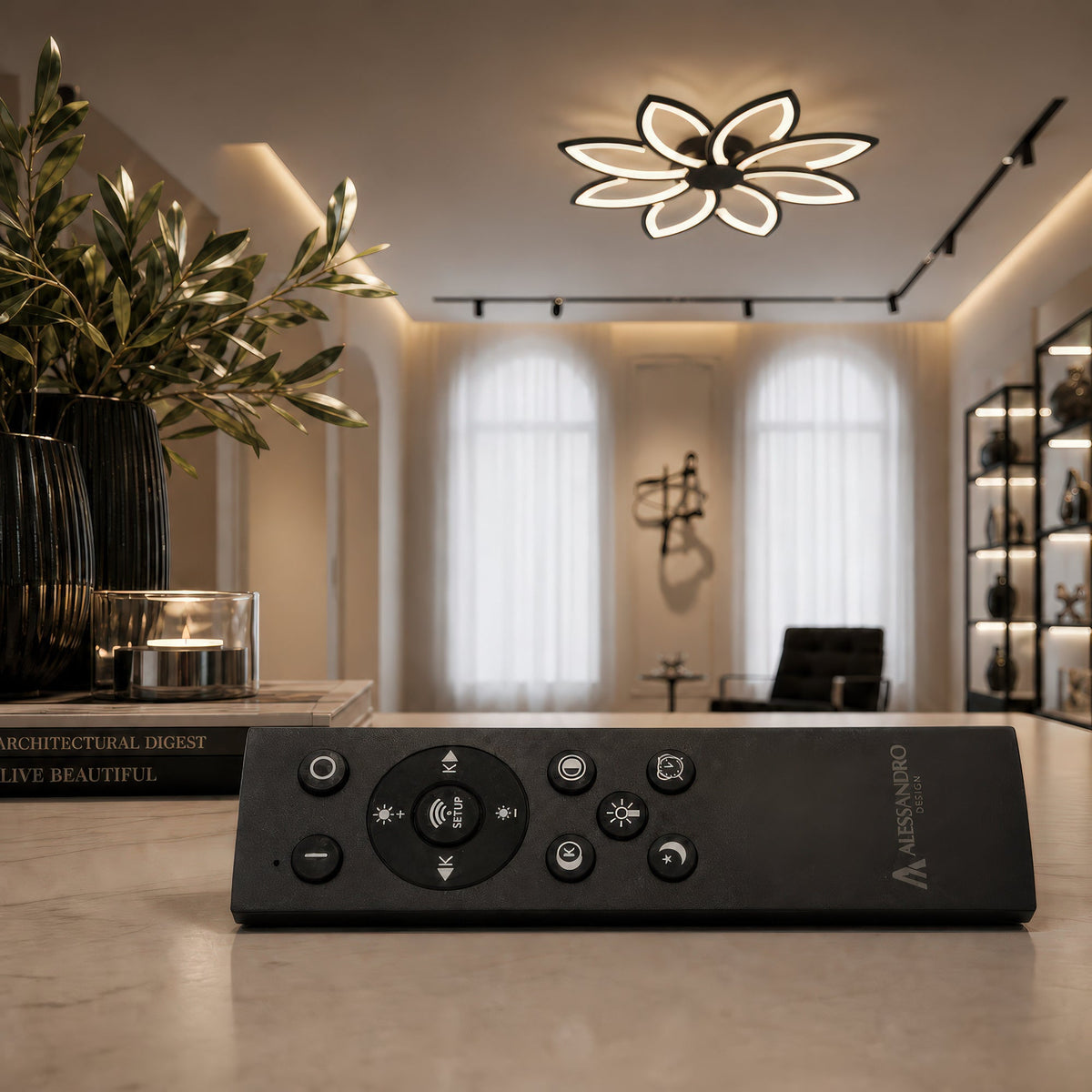 Lustra LED cu telecomanda BLUM, 108W, lumina Rece/Calda/Neutra, Dimabila, Negru, Metal si Acril