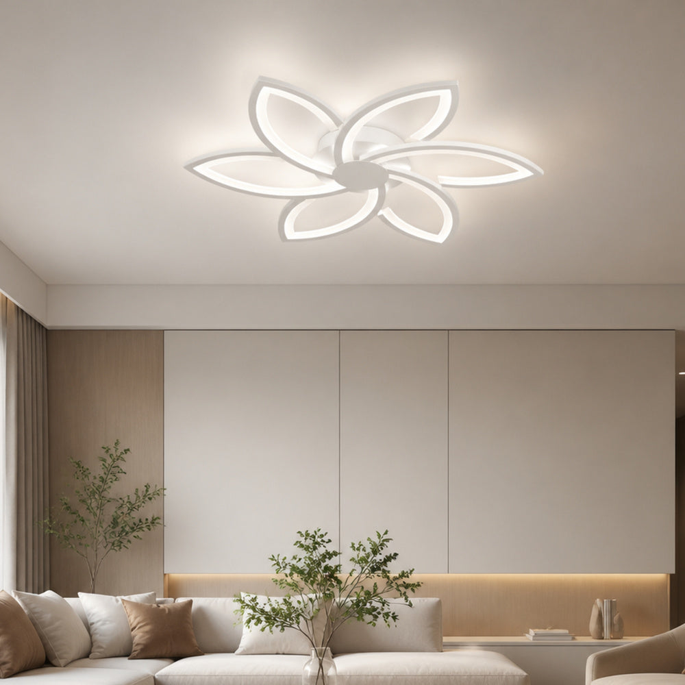 Lustra LED cu telecomanda si cristal FLORA 82W, 6 Petale, lumina Rece/Calda/Neutra, Dimabila, Alb