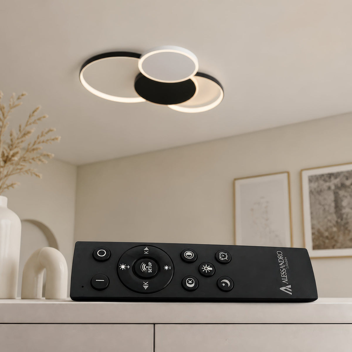 LED luster s diaľkovým ovládačom KILLIAN 80W, 4 kruhy, studené/teplé/neutrálne svetlo, stm dimovateľný, čierny-biela farba, imaginea 3
