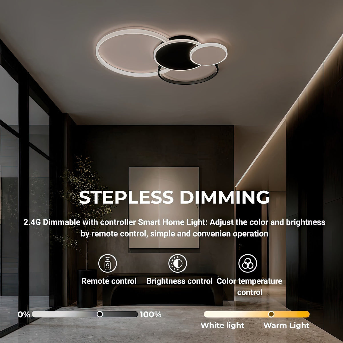 LED luster s diaľkovým ovládačom KILLIAN 80W, 4 kruhy, studené/teplé/neutrálne svetlo, stm dimovateľný, čierny-biela farba, imaginea 4