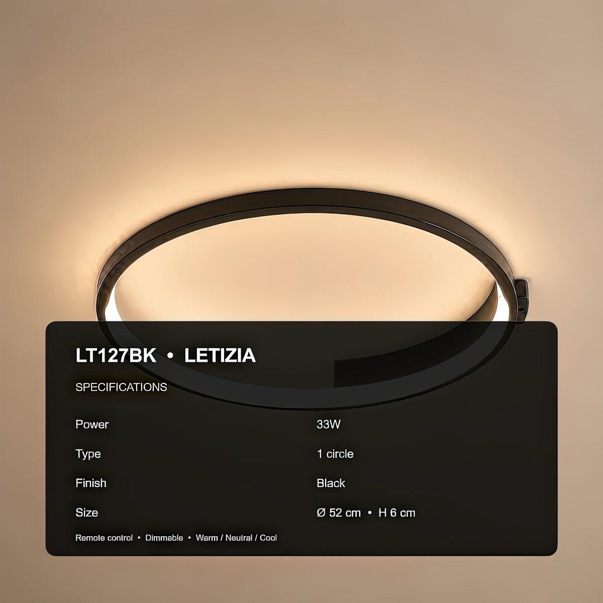 LETIZIA 34W LED Chandelier with Remote Control, Round, Cool/Warm/Neutral Light, Dimmable, Black, imaginea 8