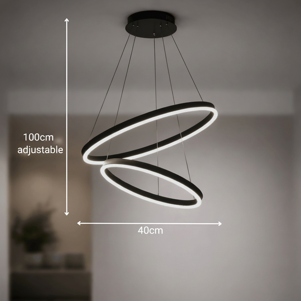 Závesný LED luster s diaľkovým ovládačom CASIANA 40 W, 2 kruhy, studené/teplé/neutrálne svetlo 3000 K/4000 K/6000 K, dimovateľný, čierny, nastaviteľná výška, imaginea 6