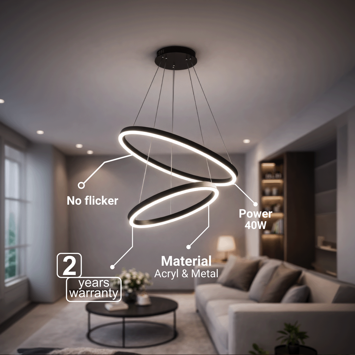 Závesný LED luster s diaľkovým ovládačom CASIANA 40 W, 2 kruhy, studené/teplé/neutrálne svetlo 3000 K/4000 K/6000 K, dimovateľný, čierny, nastaviteľná výška, imaginea 7