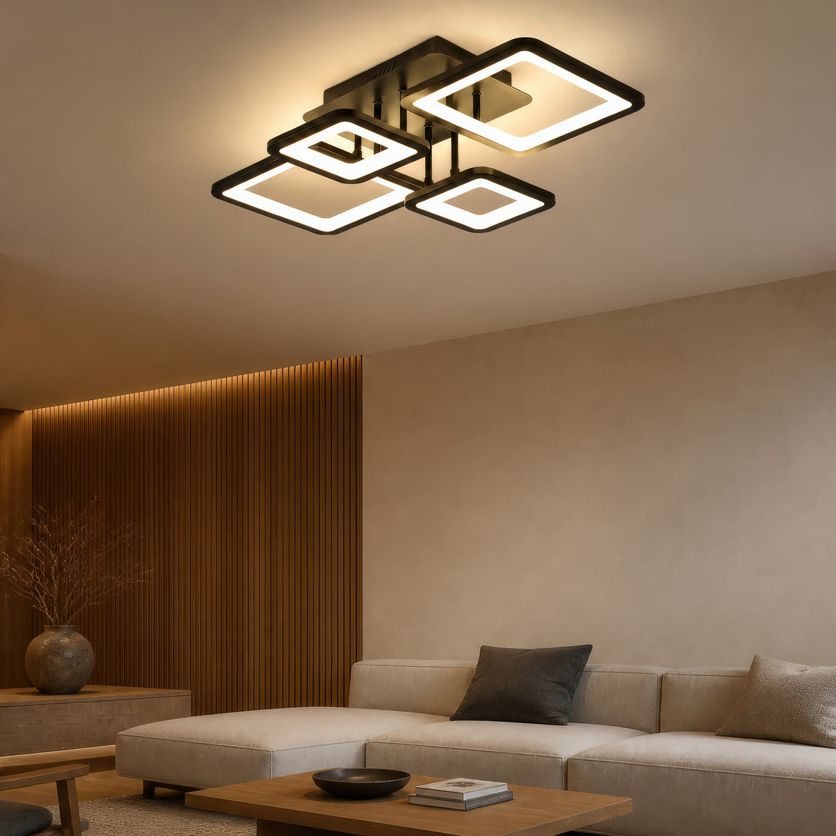 ELLA 67W LED Chandelier with Remote Control, 4 Squares, Cool/Warm/Neutral Light, Dimmable, Black, Metal and Acrylic, imaginea 10