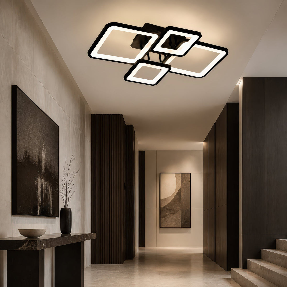 ELLA 67W LED Chandelier with Remote Control, 4 Squares, Cool/Warm/Neutral Light, Dimmable, Black, Metal and Acrylic, imaginea 12