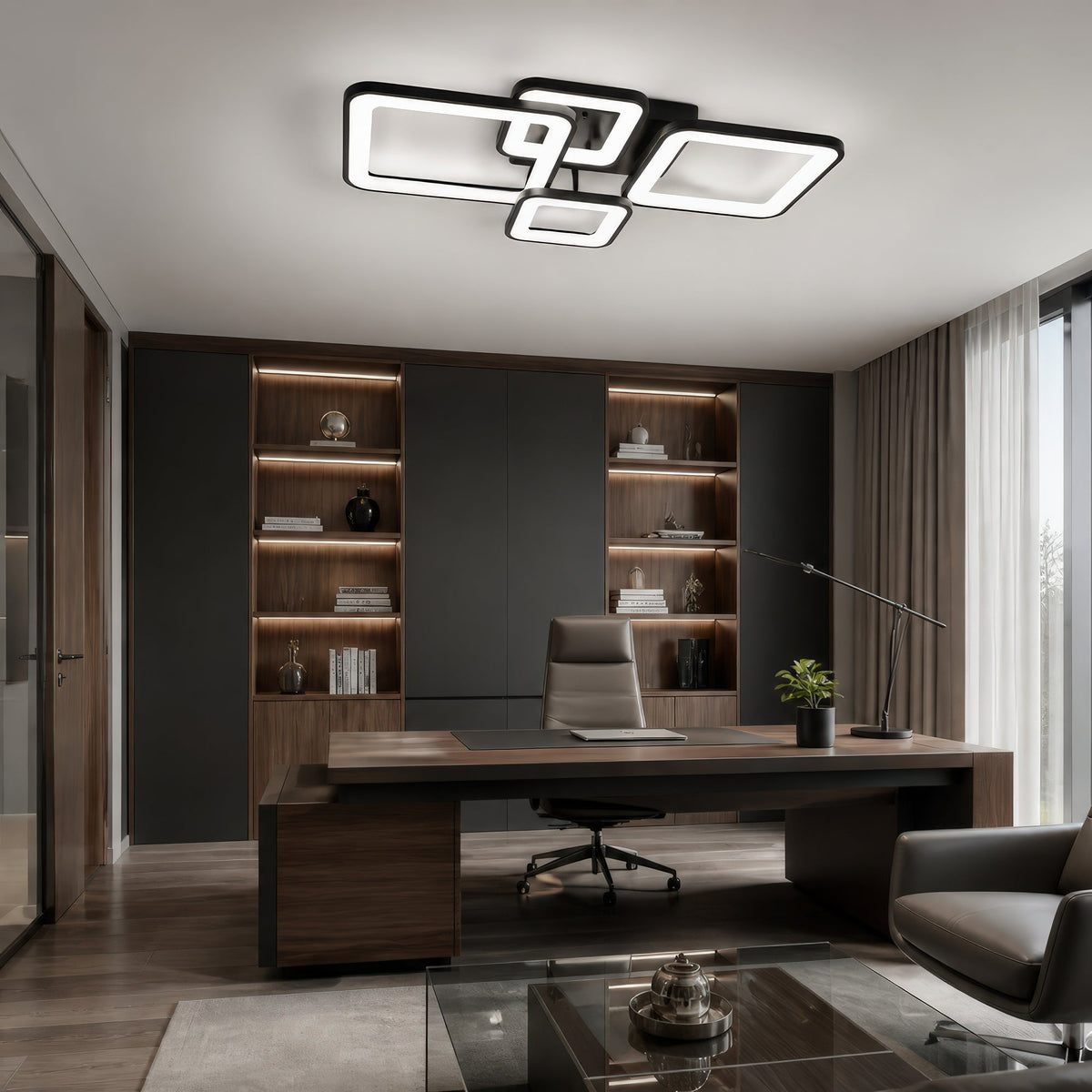 ELLA 67W LED Chandelier with Remote Control, 4 Squares, Cool/Warm/Neutral Light, Dimmable, Black, Metal and Acrylic, imaginea 13