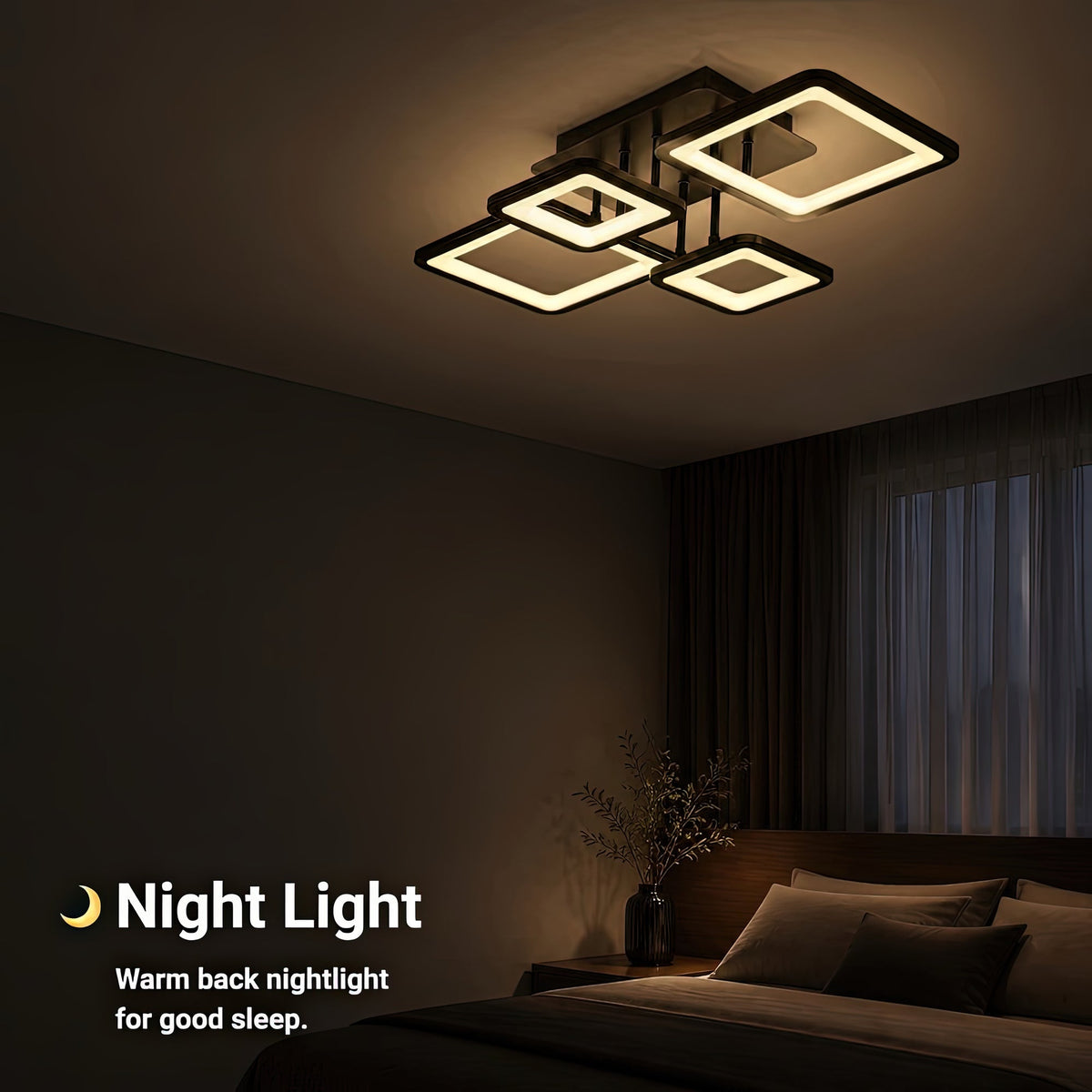 ELLA 67W LED Chandelier with Remote Control, 4 Squares, Cool/Warm/Neutral Light, Dimmable, Black, Metal and Acrylic, imaginea 6