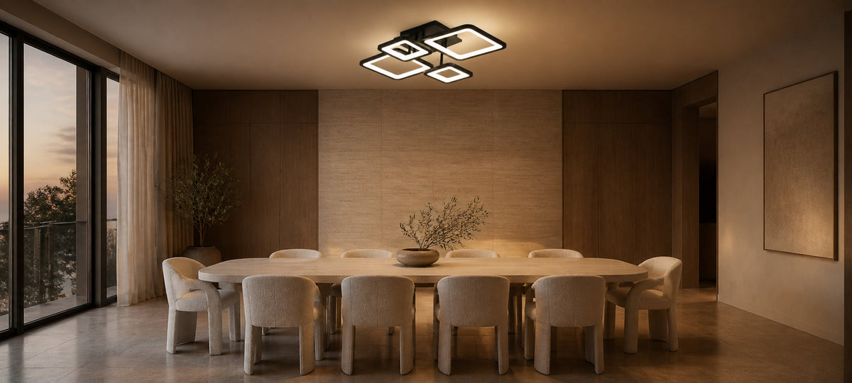 ELLA 67W LED Chandelier with Remote Control, 4 Squares, Cool/Warm/Neutral Light, Dimmable, Black, Metal and Acrylic, imaginea 14