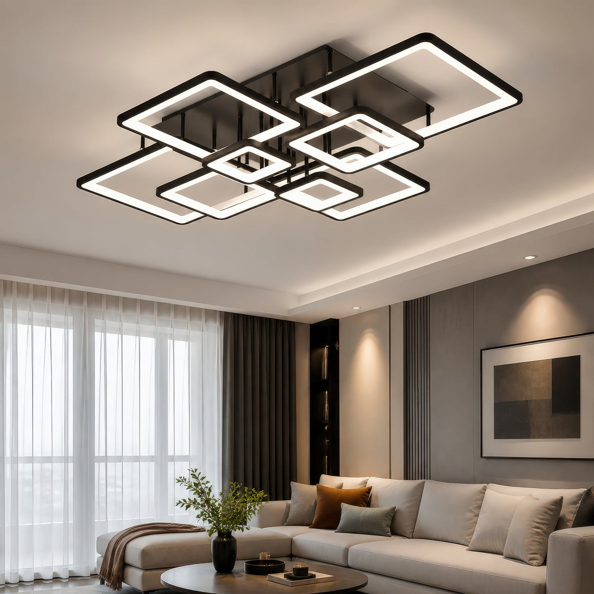 ELLA 186W LED Chandelier with Remote Control, 8 Squares, Cool/Warm/Neutral Light, Dimmable, Black, imaginea 9