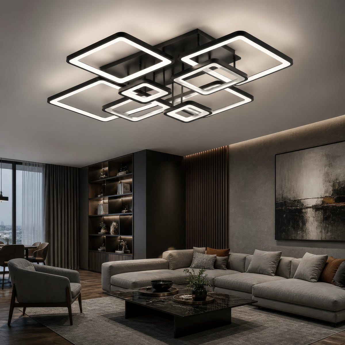 ELLA 186W LED Chandelier with Remote Control, 8 Squares, Cool/Warm/Neutral Light, Dimmable, Black, imaginea 11