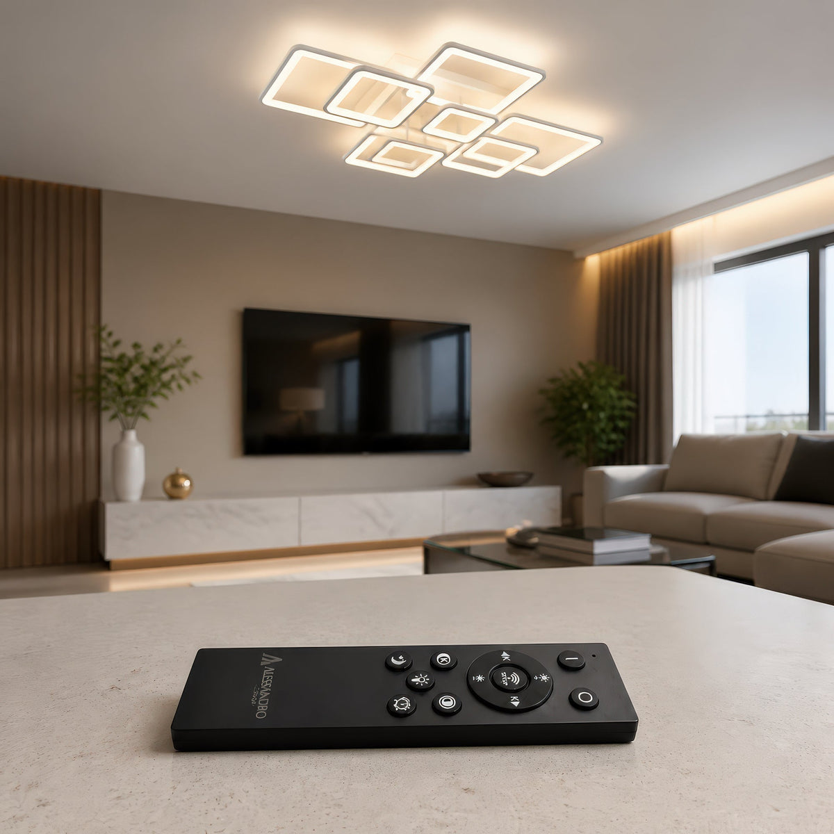 Lustra LED cu telecomanda ELLA 187W, 8 Patrate, lumina Rece/Calda/Neutra, Dimabila, Alb, Metal si Acril, imaginea 3