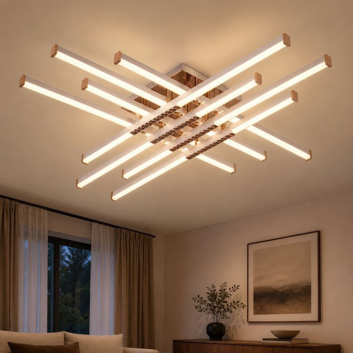 Lustra LED cu Telecomanda Axial, 98W, 8 Elemente, Lumina Rece/Clada/Neutra, Dimabila, Alb