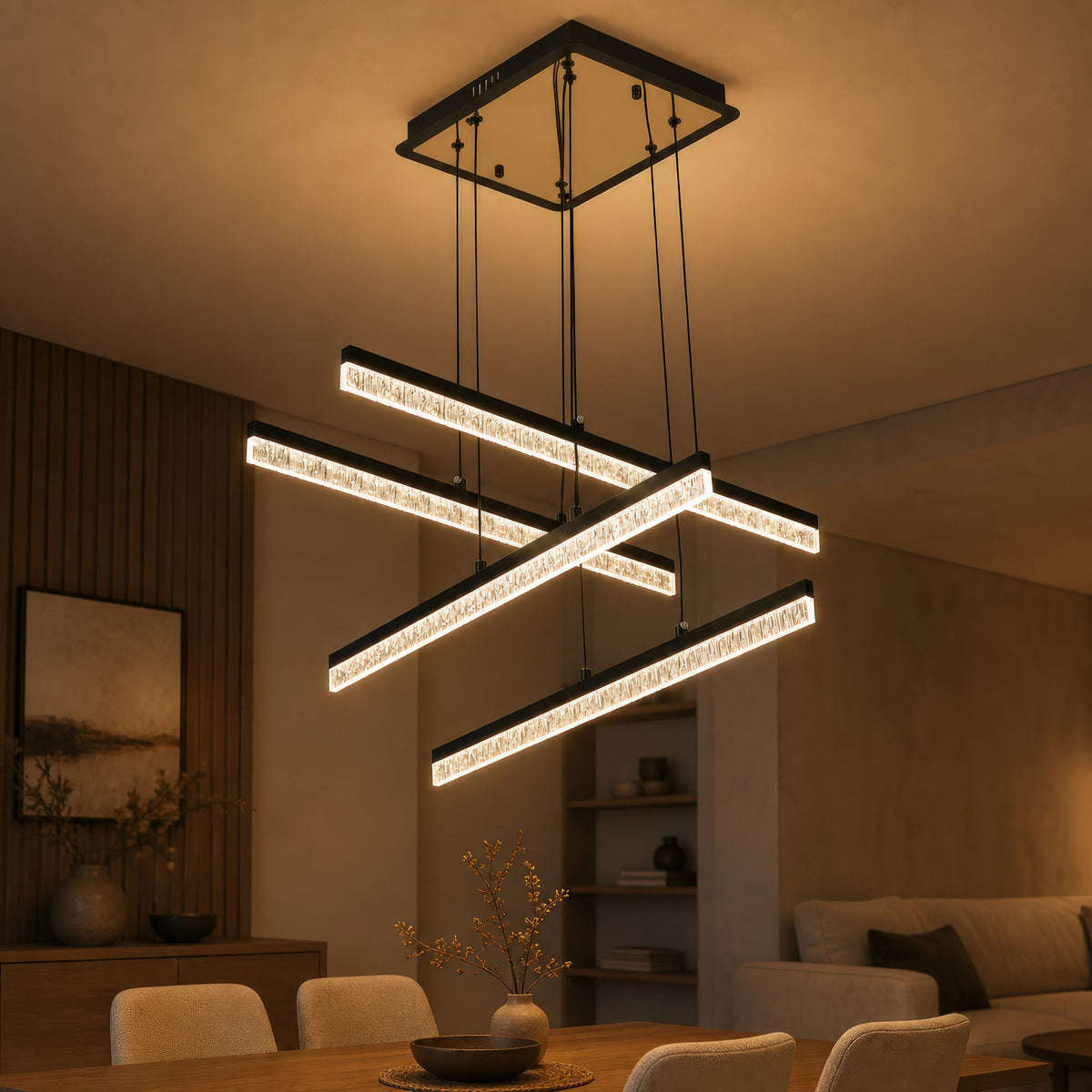 Lustra LED Suspendata cu Telecomanda STRATA, 4 elemente, 54W, Lumina 3000/4000/6000K, Negru, Inaltime Reglabila
