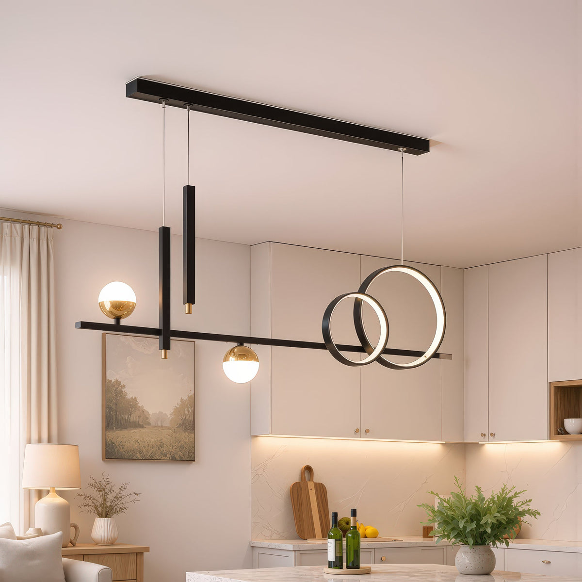 DAMARA 44W LED Pendant Chandelier with Remote Control, Cool/Warm/Neutral Light, Dimmable, Black, Adjustable Height, imaginea 1