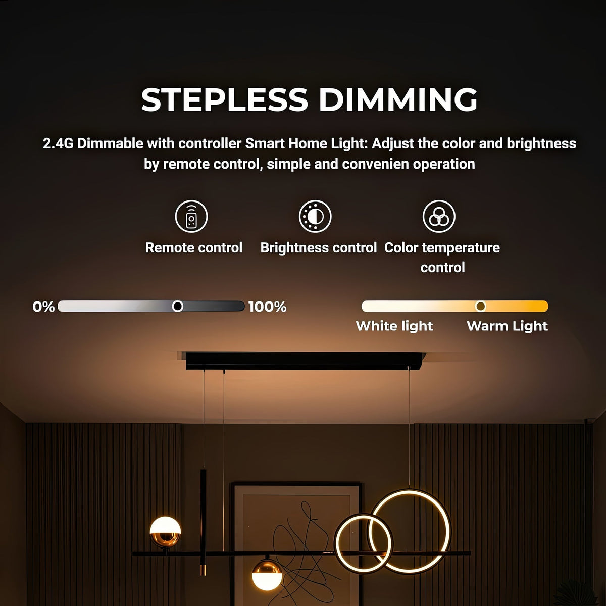 DAMARA 44W LED Pendant Chandelier with Remote Control, Cool/Warm/Neutral Light, Dimmable, Black, Adjustable Height, imaginea 4