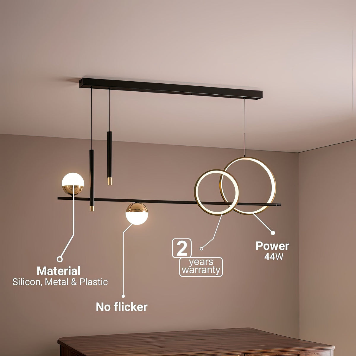DAMARA 44W LED Pendant Chandelier with Remote Control, Cool/Warm/Neutral Light, Dimmable, Black, Adjustable Height, imaginea 8